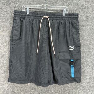 Puma Swim Shorts Trunks Men 2XL Black Plaid Drawstring Elastic Waist Pockest
